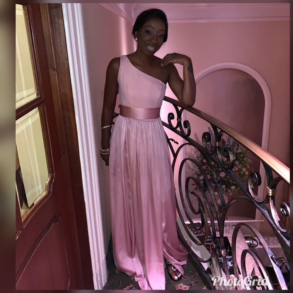 One Shoulder Dress with Satin Sash- Pink